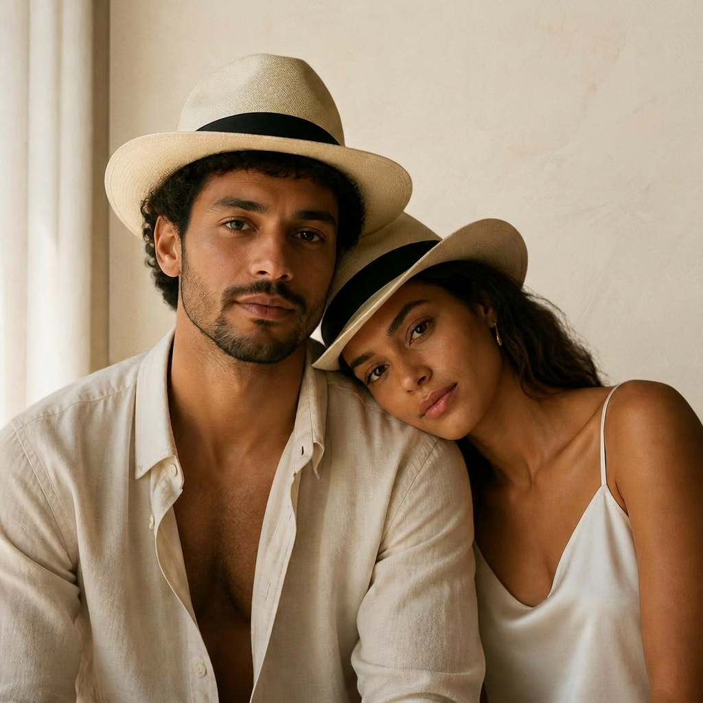 Couple in cream Sovereign fedoras, studio portrait