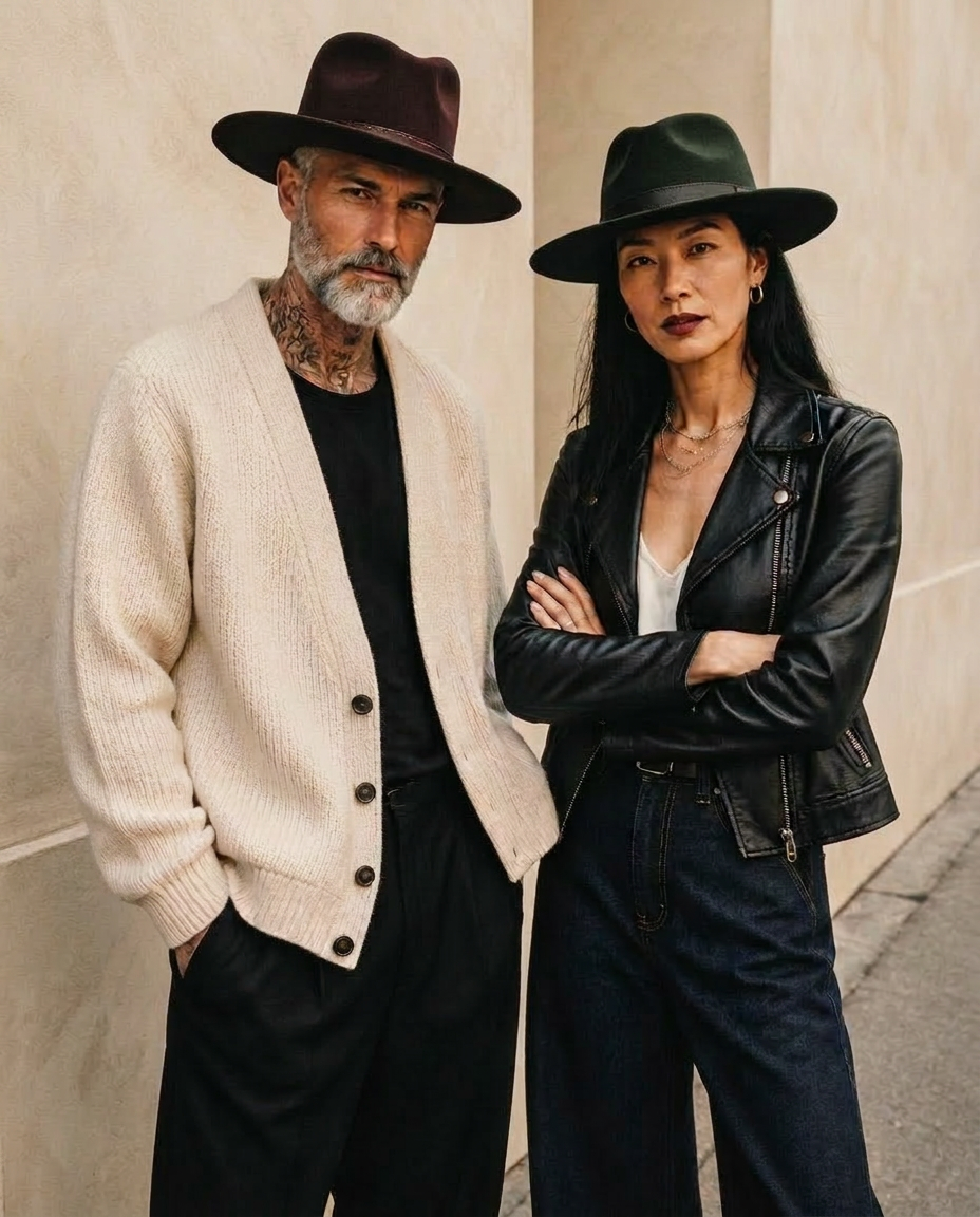 Couple in Sovereign fedoras with gold crown pin