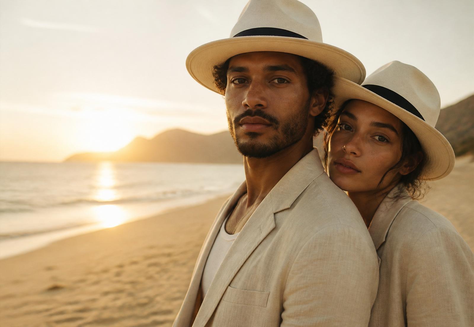A couple at sunset wearing cream Sovereign hats